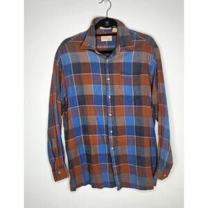 Vintage The Fox Collection Shirt Mens Large Blue Brown Plaid Cotton Casual 90s